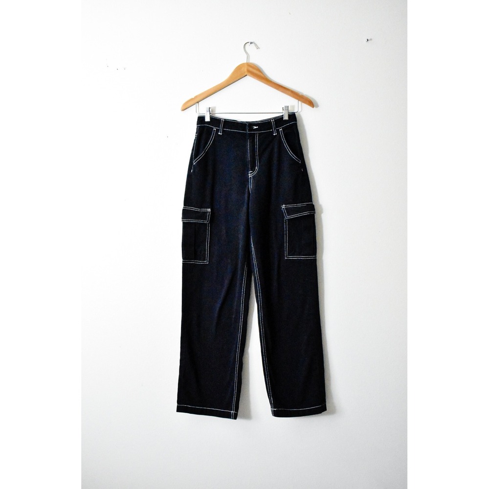 H&M Divided‎ Cargo Pants Women Size 2 Black Excellent Contrast Stitch Wide Leg